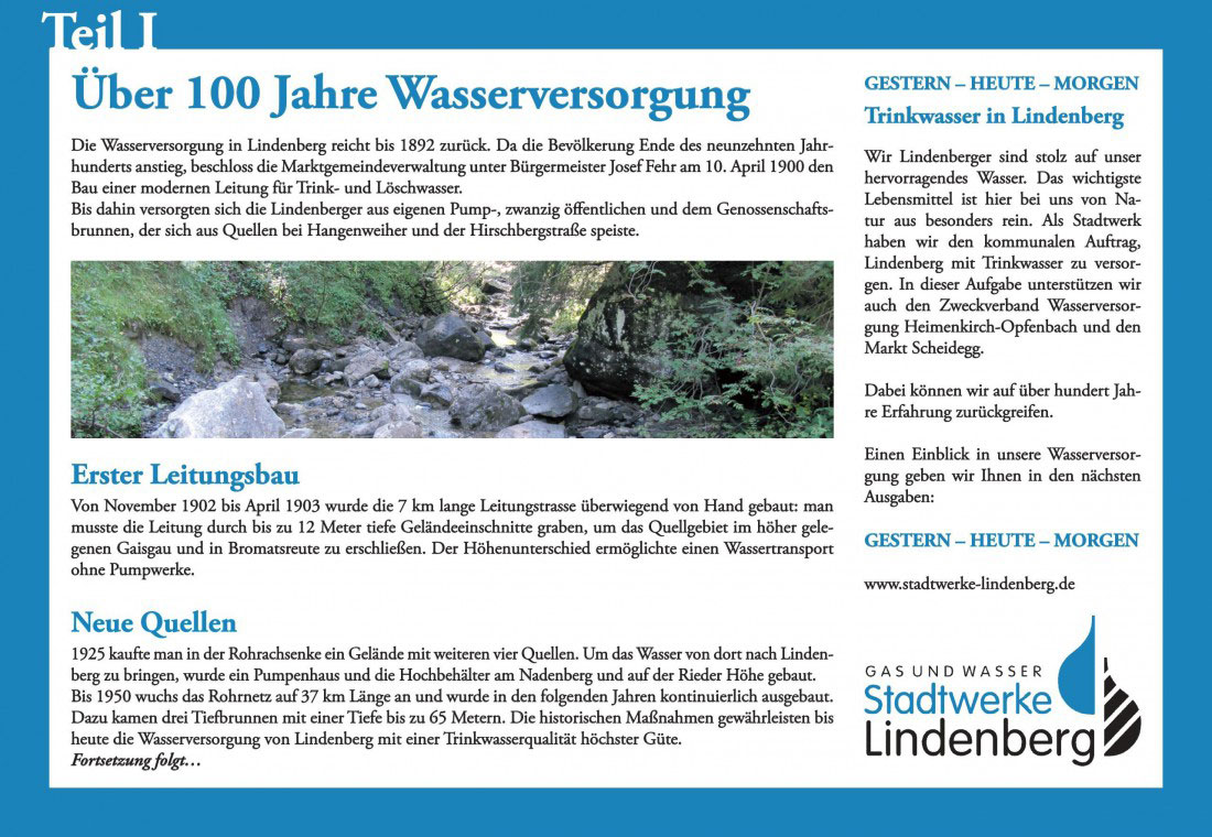 Plakat der Stadtwerke Lindenberg zur Wasserversorgung: Beginn 1892, erste Leitung 1900, zuvor Nutzung öffentlicher Quellen und Pumpbrunnen.