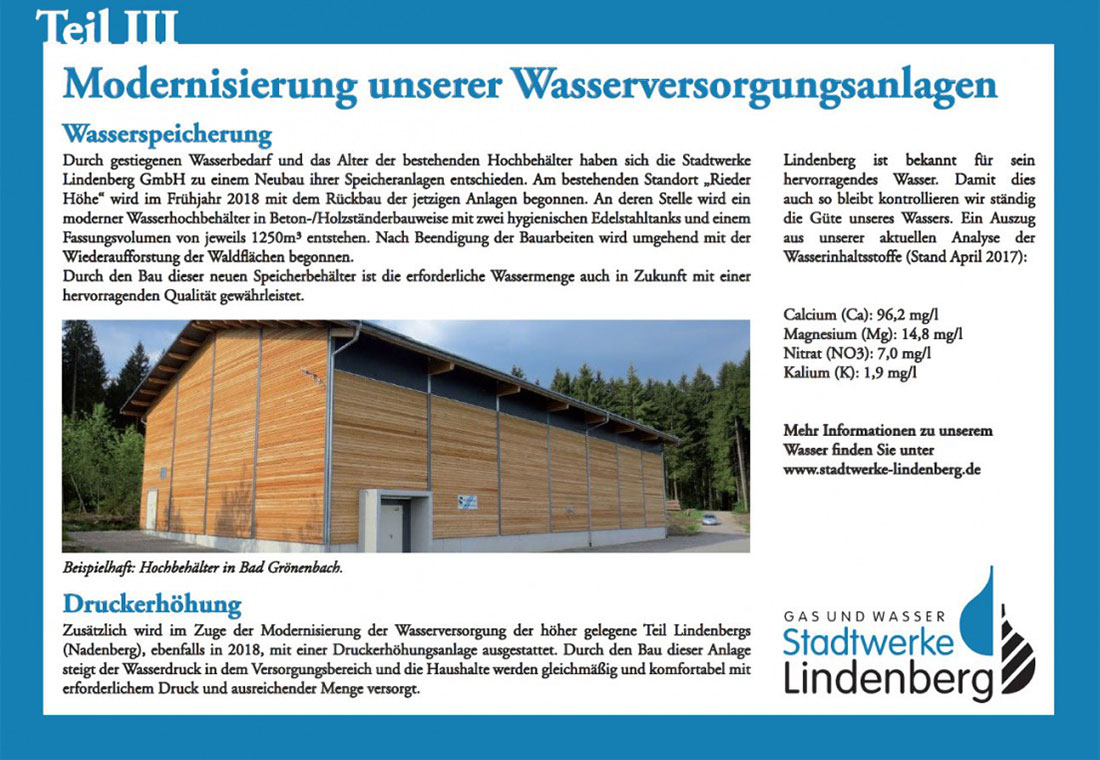 Plakat der Stadtwerke Lindenberg zur Wasserversorgung: Neubau eines Hochbehälters, Druckerhöhung und Trinkwasseranalyse