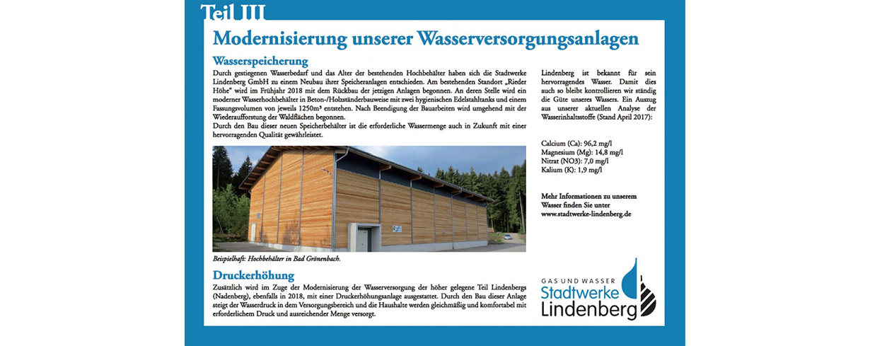 Plakat der Stadtwerke Lindenberg zur Wasserversorgung: Neubau eines Hochbehälters, Druckerhöhung und Trinkwasseranalyse