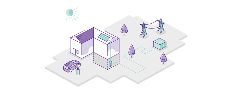 Illustration eines Hauses mit Solaranlage, Elektroauto und Stromanschluss in einem schematisch dargestellten Wohngebiet
