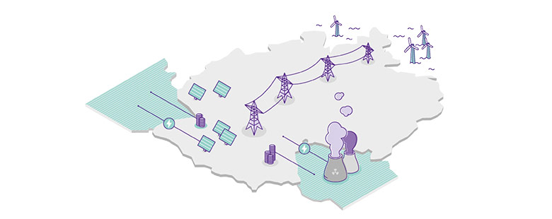 Illustration der Energieverteilung mit Solaranlagen, Windrädern, Kraftwerk und Stromleitungen in einer schematischen Karte